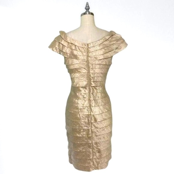 London Times Gold Satin Shutter Pleat Tiered Cocktail Party Dress 6 Small - Picture 5 of 9